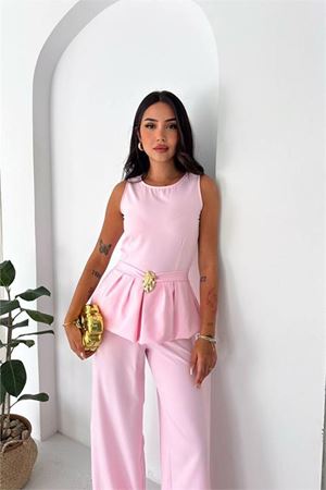 kadın pembe kolsuz gold toka detaylı peplum kesim preium tulum DPK4637