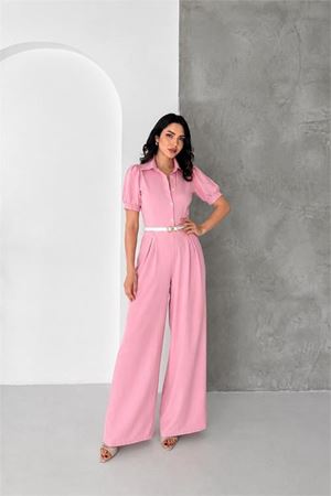 Neşeli butik kadın pembe gömlek yaka kemerli geniş paça tulum NBK4197
