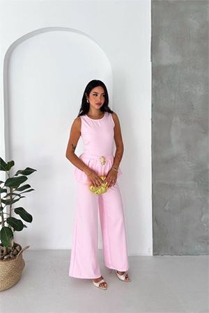kadın pembe kolsuz gold toka detaylı peplum kesim preium tulum DPK4637