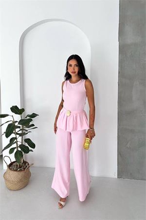 kadın pembe kolsuz gold toka detaylı peplum kesim preium tulum DPK4637