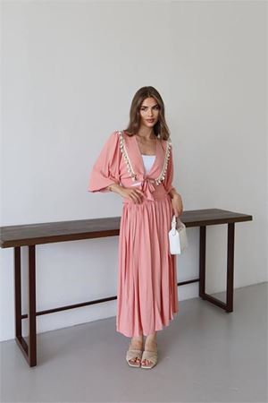Neşeli butik kadın püskül detaylı yırtmaçlı bohem takım NBNP015
