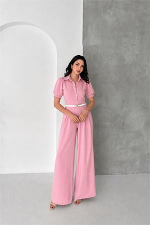 Neşeli butik kadın pembe gömlek yaka kemerli geniş paça tulum NBK4197