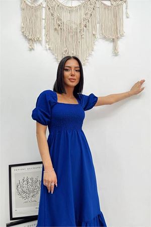 Neşeli butik kadın saks mavisi poplin kare yaka elbise NBG018