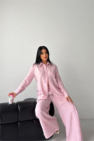 Kadın pembe çiçek aplikeli ikili keten kumaş takım DPMS2642