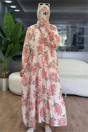 Neşeli butik kadın pembe hakim yaka düğmeli viskon çiçek desenli tesettür elbise NMS099