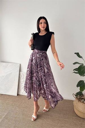 Neşeli butik kadın mürdüm modern kesim vatkalı asimetrik kesim mermer desen elbise NBK4593