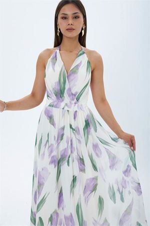 Kadın mor yaprak desen halter yaka maxi boy elbise DPMY4122