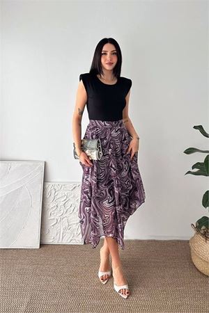 Neşeli butik kadın mürdüm modern kesim vatkalı asimetrik kesim mermer desen elbise NBK4593