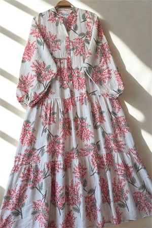 Neşeli butik kadın pembe hakim yaka düğmeli viskon çiçek desenli tesettür elbise NMS099