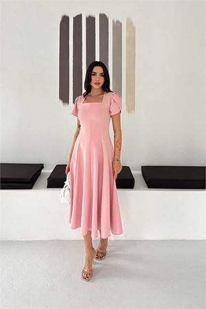 Kadın pembe kare yaka balon kol midi boy elbise DPK4550