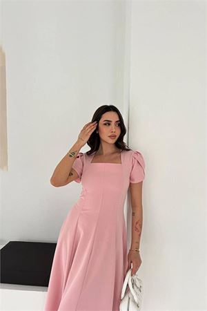 Kadın pembe kare yaka balon kol midi boy elbise DPK4550