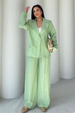 Neşeli butik kadın mint yeşili oversize tek düğmeli blazer ceket pantolon takım NBSTR4085
