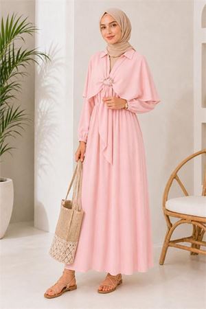 Neşeli butik kadın pembe pelerin detaylı gömlek yaka bel lastikli tesettür elbise NBELB014