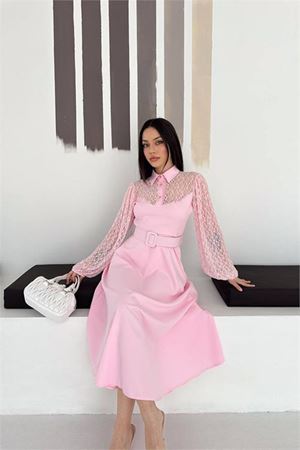 Kadın pembe gömlek yaka transparan üst detaylı kemerli midi boy elbise DPK4581