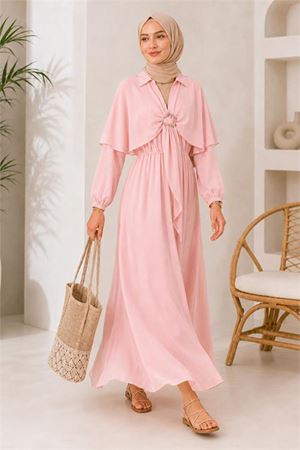 Neşeli butik kadın pembe pelerin detaylı gömlek yaka bel lastikli tesettür elbise NBELB014