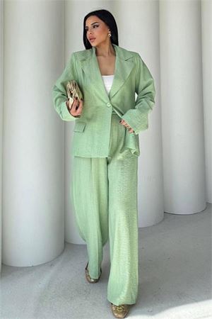 Neşeli butik kadın mint yeşili oversize tek düğmeli blazer ceket pantolon takım NBSTR4085