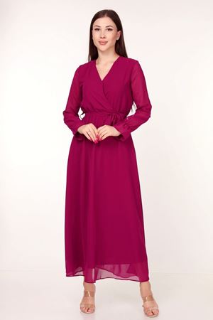 Neşeli Butik Kadın Kruvaze Yaka Bağlama Detaylı Yeni Sezon Uzun Şifon Elbise KTS003