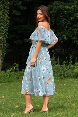 Neşeli butik kadın mint yeşili kuşaklı çiçekli yazlık şifon elbise NB100371