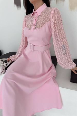 Kadın pembe gömlek yaka transparan üst detaylı kemerli midi boy elbise DPK4581