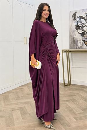 Neşeli butik kadın mürdüm büzgü detaylı premium tunik pantolon tesettür takım NMS103
