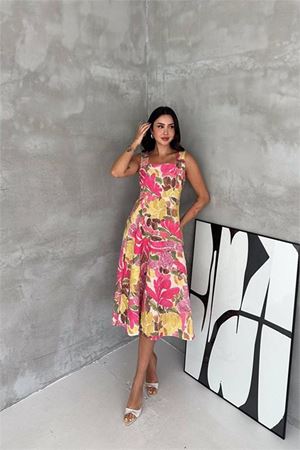 Kadın pembe kare yaka çiçek desenli kolsuz beli oturan midi elbise DPK4670