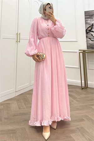Neşeli butik kadın pembe eteği fırfırlı düğme detaylı pamuklu salaş tesettür elbise NMS086