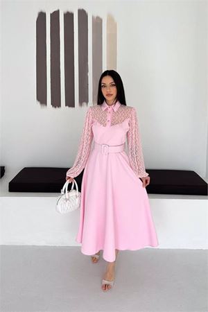 Kadın pembe gömlek yaka transparan üst detaylı kemerli midi boy elbise DPK4581