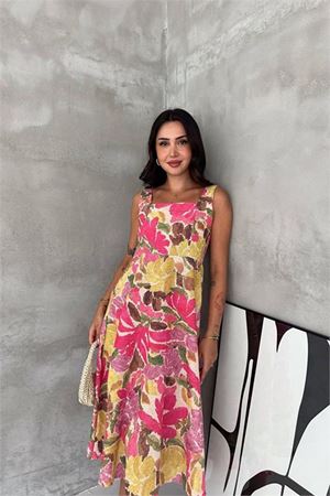 Kadın pembe kare yaka çiçek desenli kolsuz beli oturan midi elbise DPK4670