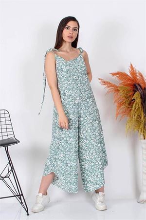 Neşeli butik kadın çiçek desenli bağlamalı geniş kesim tulum RY8074