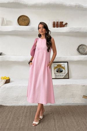 Kadın pembe cep detaylı kolsuz oversize yazlık elbise DPNP038