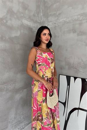 Kadın pembe kare yaka çiçek desenli kolsuz beli oturan midi elbise DPK4670