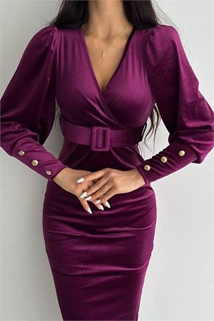 Neşeli butik kadın düğme detaylı kruvaze kadife elbise KKLF81