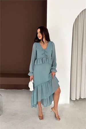 Kadın mint yeşili fiyonk detaylı v yaka volanlı midi boy şifon elbise
