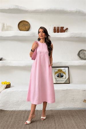 Kadın pembe cep detaylı kolsuz oversize yazlık elbise DPNP038