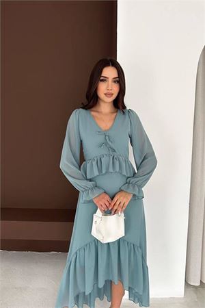 Kadın mint yeşili fiyonk detaylı v yaka volanlı midi boy şifon elbise