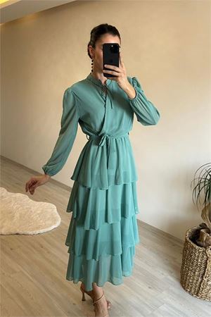 Kadın volanlı katkat şifon kumaş elbise DPNM004