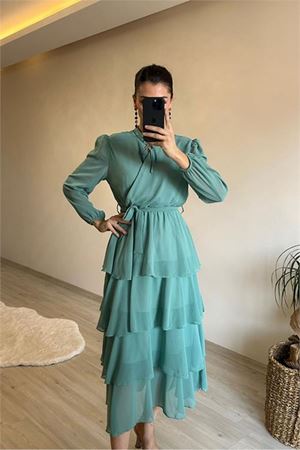 Kadın volanlı katkat şifon kumaş elbise DPNM004