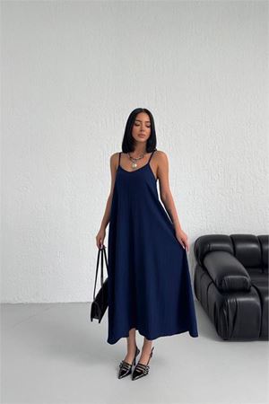 Neşeli butik kadın lacivert askılı içi astarlı kaş keten elbise NBG017