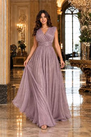 Neşeli butik kadın lila janjan kumaş kruvaze yaka bel detaylı abiye elbise NBMY4057