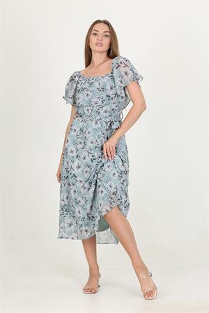 kadın madonna yaka kuşaklı desenli şifon elbise RY10037