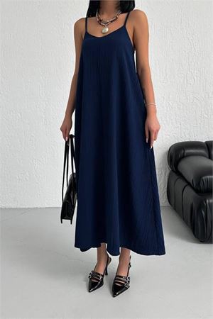 Neşeli butik kadın lacivert askılı içi astarlı kaş keten elbise NBG017