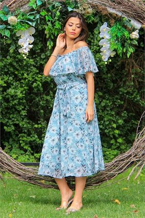 Neşeli butik kadın mint carmen yaka çiçekli midi boy şifon elbise NB10037