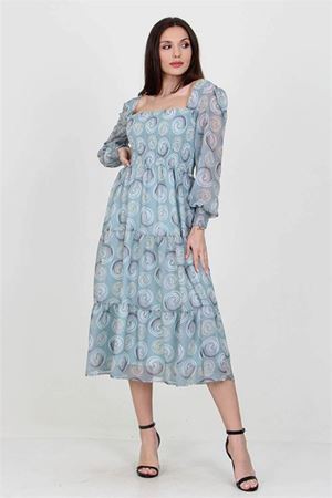 Kadın mint gipeli kare yaka desenli şifon elbise DP100361