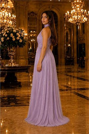 Neşeli butik kadın lila halter yaka janjan kumaş premium abiye elbise NBMY4128