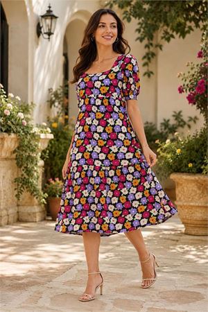 Neşeli butik kadın lila midi boy çiçek desenli kare yaka yazlık viskon elbise NBELB12
