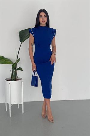 Neşeli butik kadın mavi skuba krep vatkalı elbise NBK2081