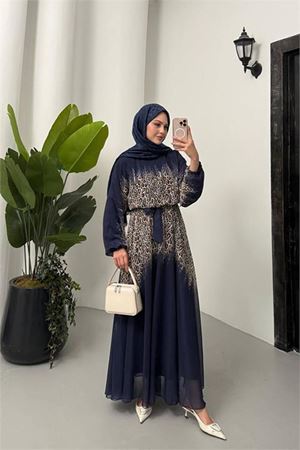 Leopar desenli Kuşak Detaylı şifon tesettür elbise NMS055