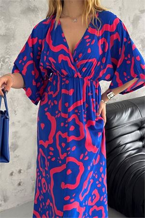 Neşeli butik kadın kruvaze yaka desenli dokuma viskon elbise NBK2091