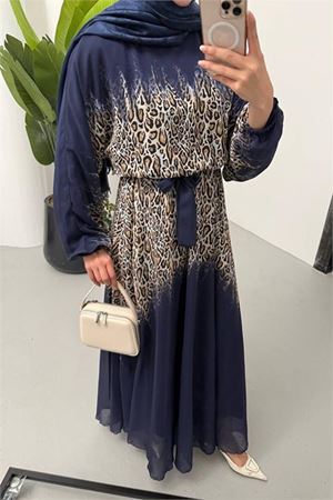 Leopar desenli Kuşak Detaylı şifon tesettür elbise NMS055