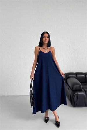 Neşeli butik kadın lacivert askılı içi astarlı kaş keten elbise NBG017